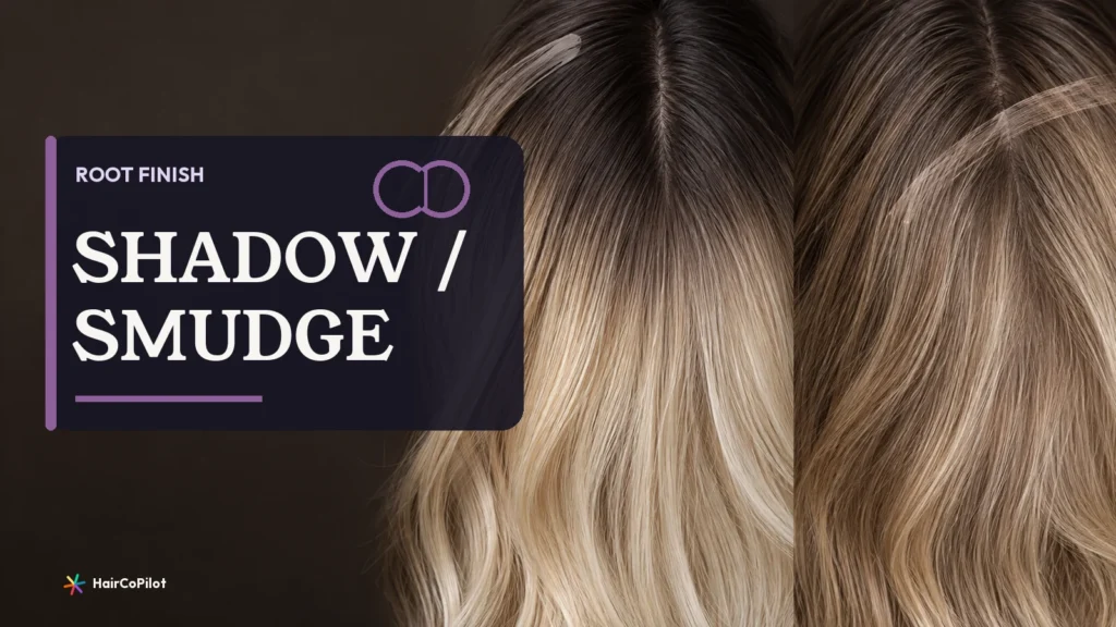 Two blonde root gradients side by side on a HairCoPilot cover headed ‚ÄúSHADOW / SMUDGE‚Äù.