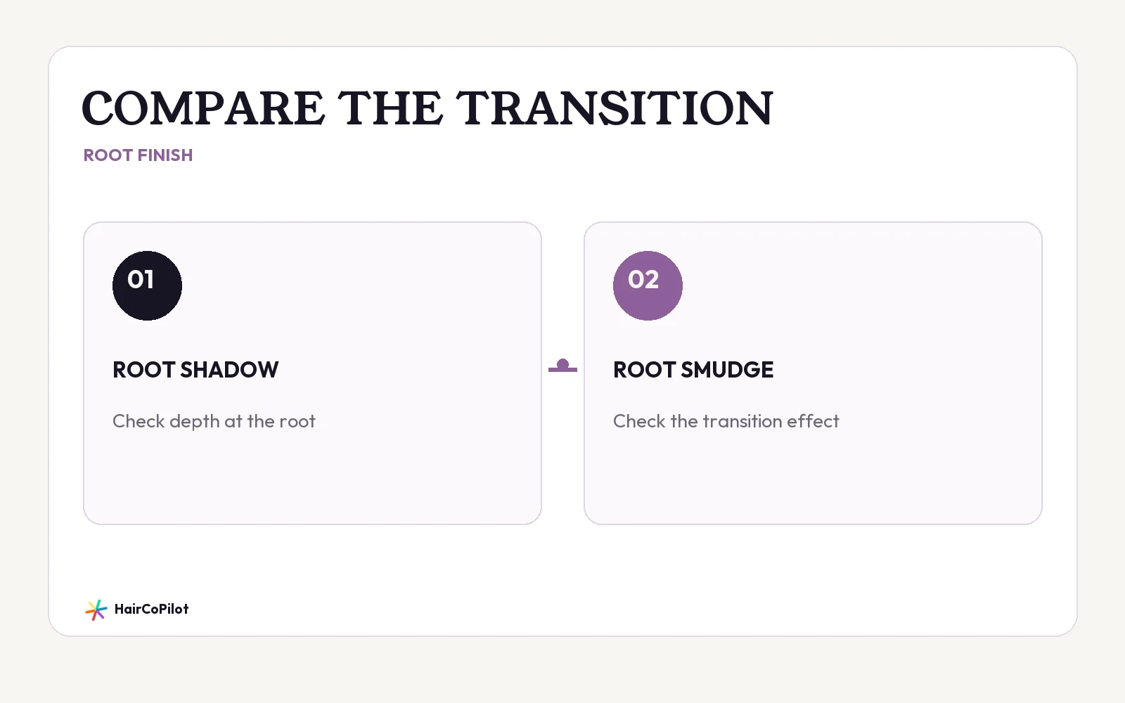 HairCoPilot comparison headed “COMPARE THE TRANSITION”, with ROOT SHADOW, ROOT SMUDGE.