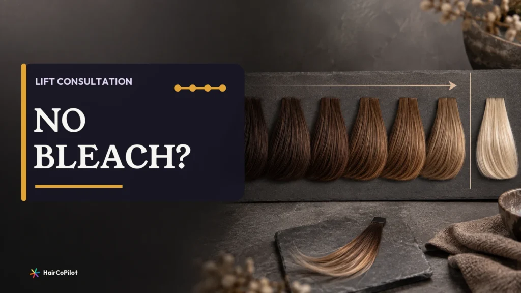Hair colour swatches arranged on a dark salon table on a HairCoPilot cover headed ‚ÄúNO BLEACH?‚Äù.