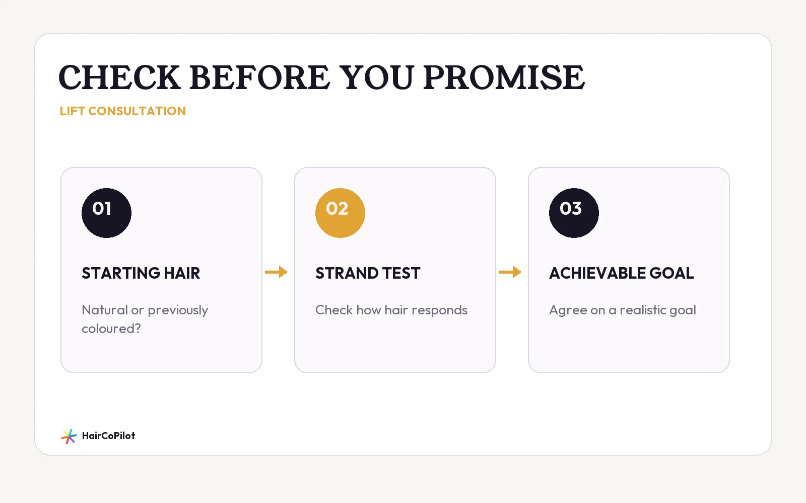 HairCoPilot diagram headed “CHECK BEFORE YOU PROMISE”, with STARTING HAIR, STRAND TEST, ACHIEVABLE GOAL.