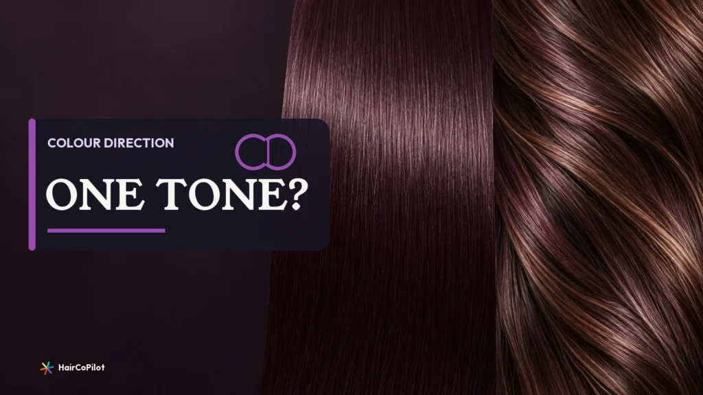 Deep violet hair with a subtle tonal shift on a HairCoPilot cover headed ‚ÄúONE TONE?‚Äù.