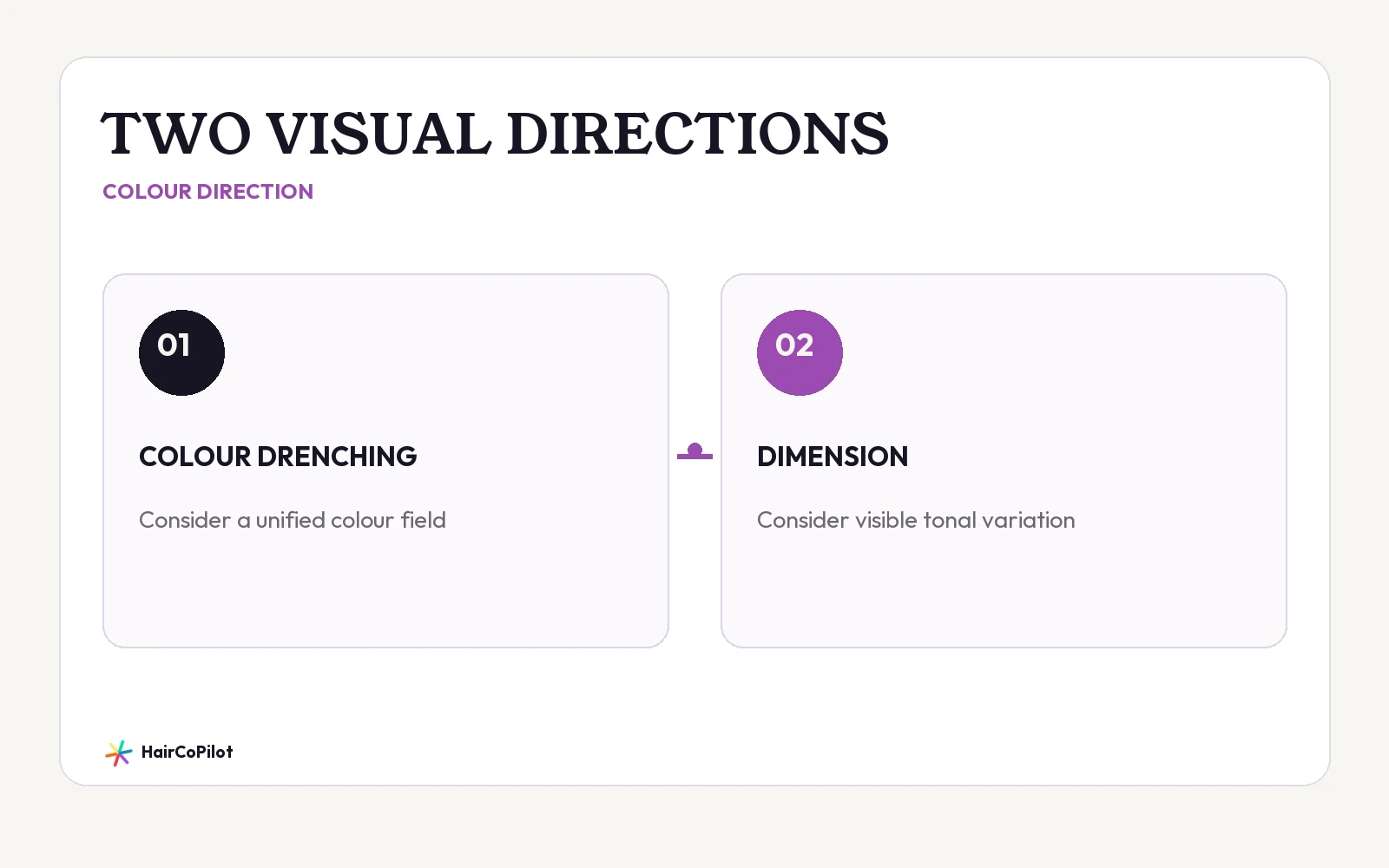 HairCoPilot comparison headed “TWO VISUAL DIRECTIONS”, with COLOUR DRENCHING, DIMENSION.