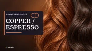 Copper and espresso hair waves on a HairCoPilot cover headed ‚ÄúCOPPER / ESPRESSO‚Äù.