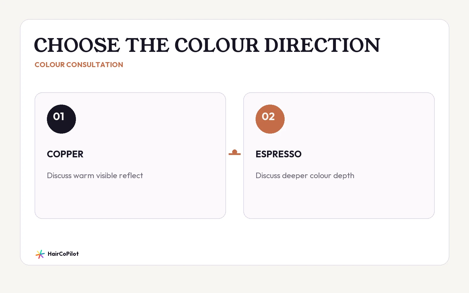 HairCoPilot comparison headed “CHOOSE THE COLOUR DIRECTION”, with COPPER, ESPRESSO.