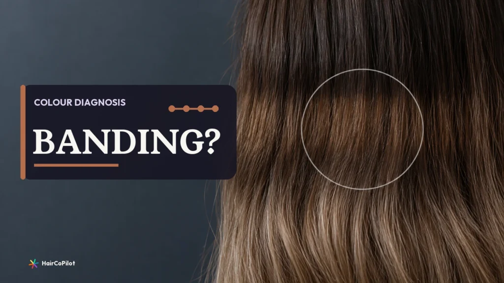 Uneven brown and blonde hair lengths marked by a circle on a HairCoPilot cover headed ‚ÄúBANDING?‚Äù.