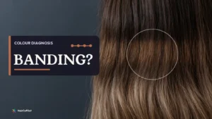 Uneven brown and blonde hair lengths marked by a circle on a HairCoPilot cover headed ‚ÄúBANDING?‚Äù.