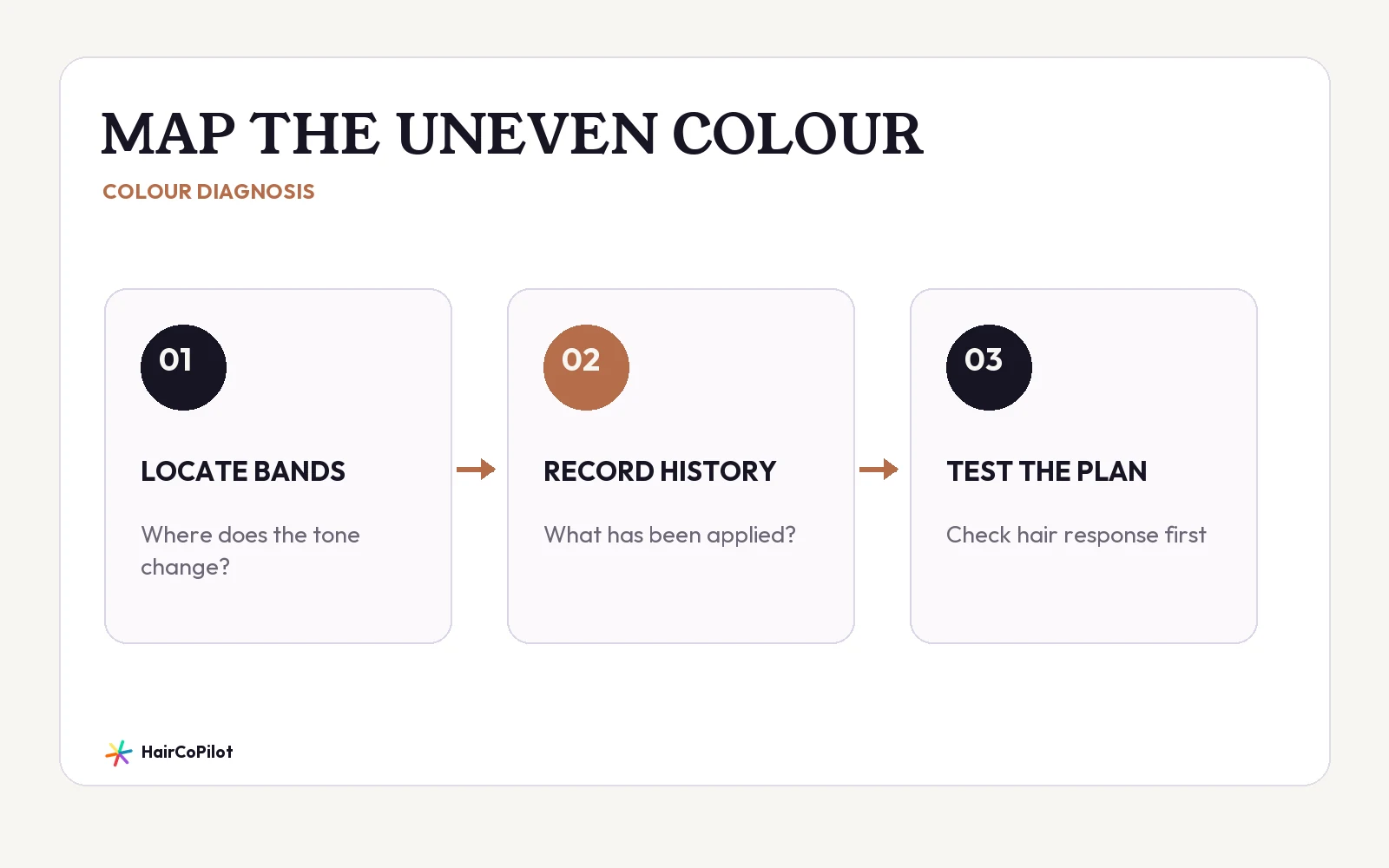 HairCoPilot diagram headed “MAP THE UNEVEN COLOUR”, with LOCATE BANDS, RECORD HISTORY, TEST THE PLAN.