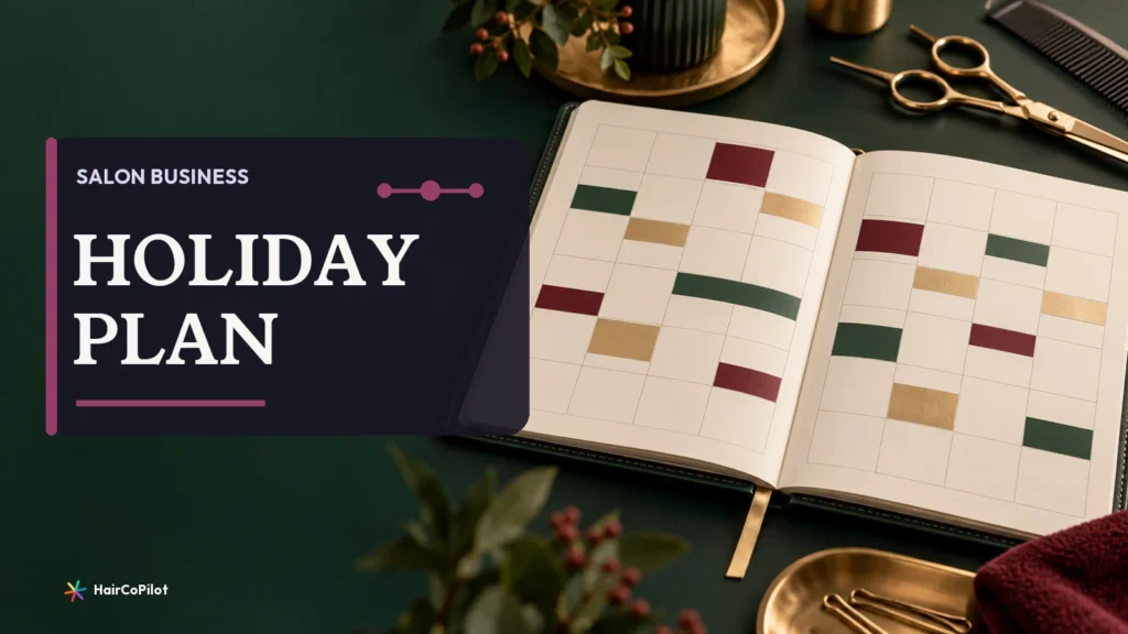 A paper salon calendar with tools and warm seasonal details on a HairCoPilot cover headed ‚ÄúHOLIDAY PLAN‚Äù.